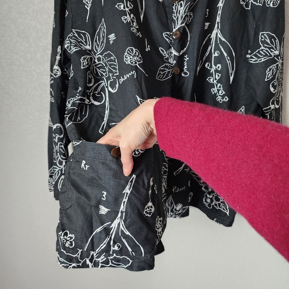 KIKO comfort clothing 100% linen top Black Floral button front lagenlook L - Picture 10 of 11